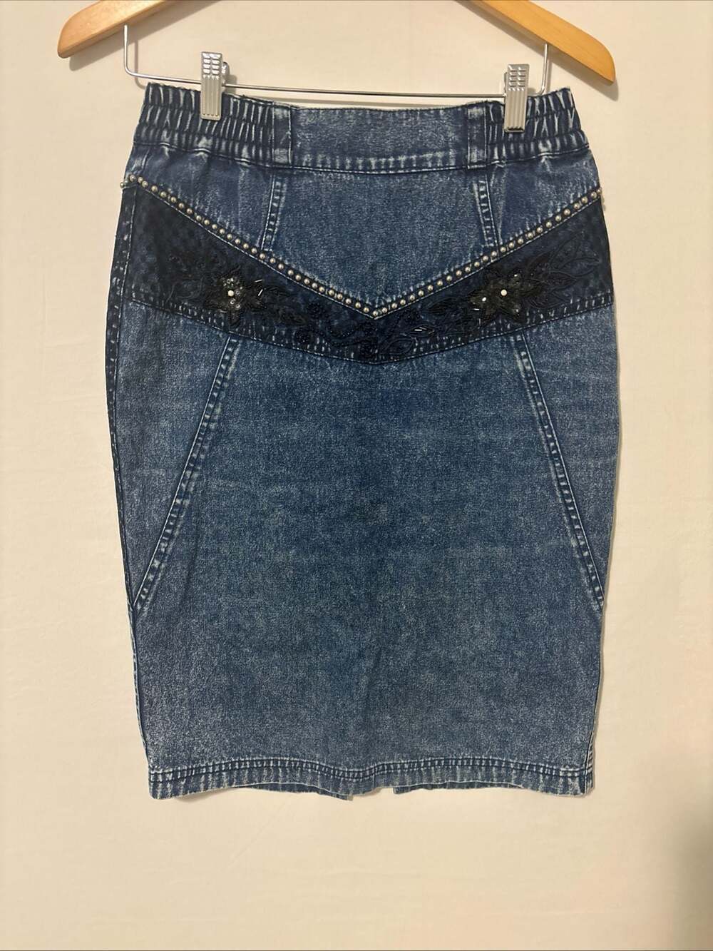 Vintage Lankin Acid Wash Denim Skirt M Western Yoke Studded Y2K 80s